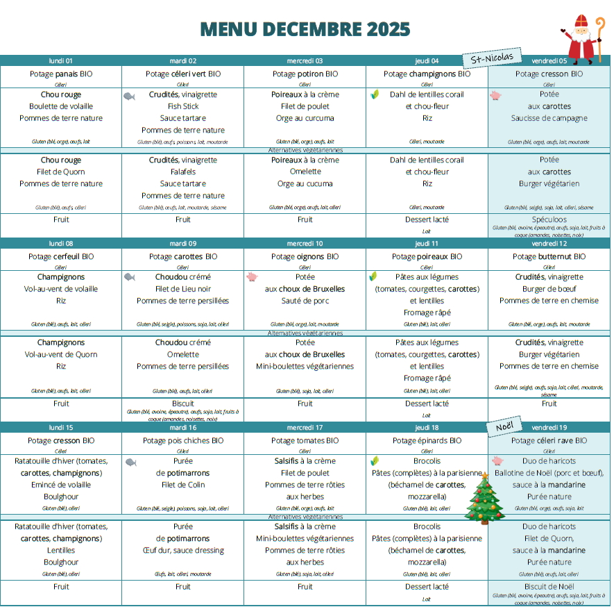 Menu du mois de Décembre