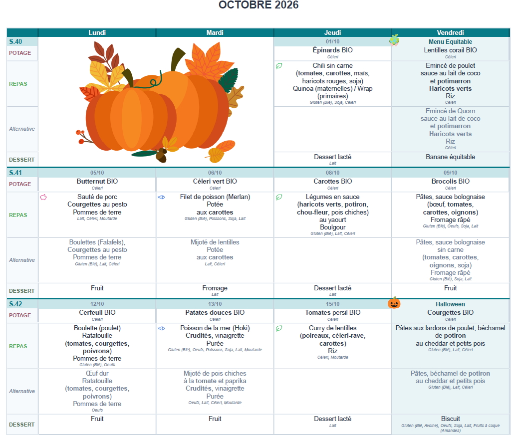 Menu du mois d'Octobre